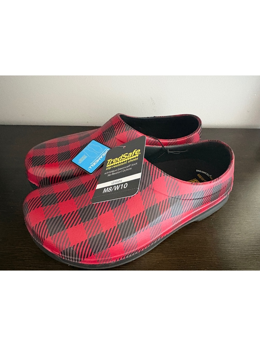 New TredSafe Croc Shoes Men's 8 Women's 10 Red Black Plaid Slip-On Work Shoes